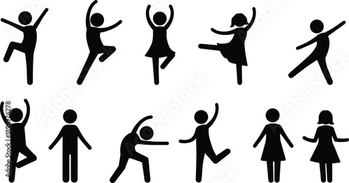Silhouette Illustration of Energetic Children Dancing, Playing, Jumping, and Stretching in Various Fun, Expressive, and Joyful Poses for Activity Themes
