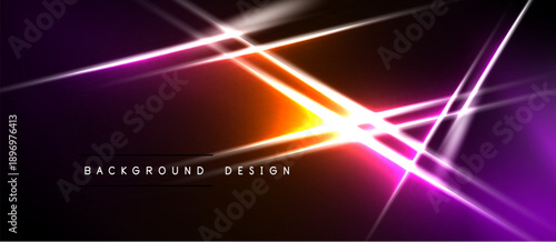 Abstract neon lights create vibrant energy. Purple, orange, white streaks intersect over black background. Modern design element.