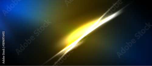 Abstract composition featuring vibrant blue, gold hues. Diagonal light streak creates dynamic visual impact. Dark background emphasizes luminosity.