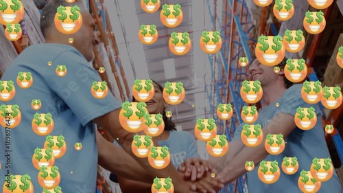 Animation of emoji icons over diverse volunteers teaming up in warehouse