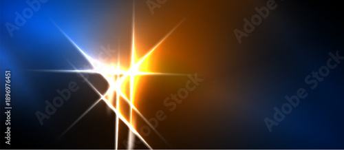 Bright light burst contrasts cool blue, warm orange hues. Dramatic effect creates energy, visual impact. Intense glow radiates outward.