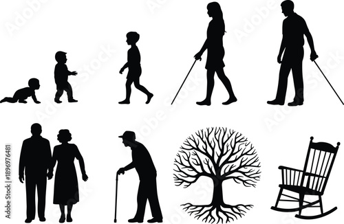 Silhouette icon set showing human life stages from infancy to old age, including walking aids, tree of life, and rocker.