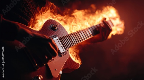 Electric guitar engulfed in flames during a live rock music performance