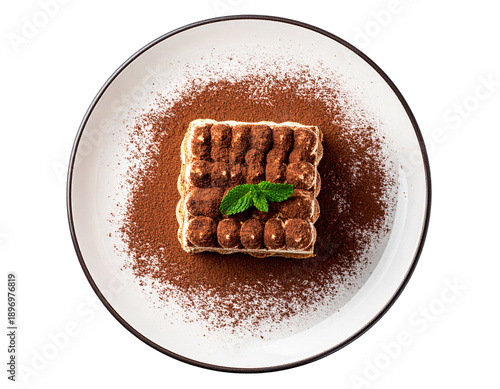 Top View of Tiramisu Cake Portion with Cocoa Dusting, Minimal Food Styling, isolated on transparent background