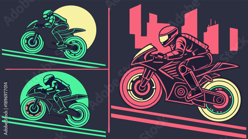 Neon Retro Motorcycle Racing on City Highway Dynamic Speed Thrill for Gaming App Web Design or Poster