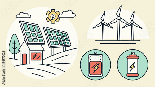 Renewable Energy Sources Illustration Solar Panels Wind Turbines Battery Storage for Green Technology Web Design and Eco Friendly Power Solutions