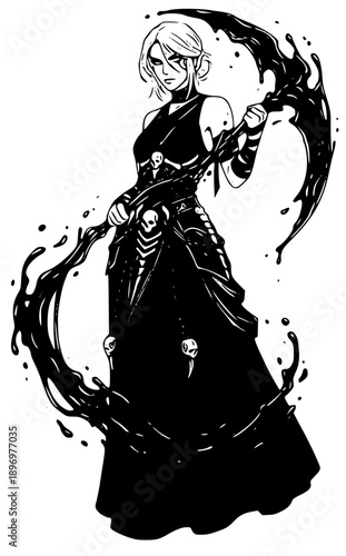 Mysterious woman wielding a dark, mystical scythe with skulls