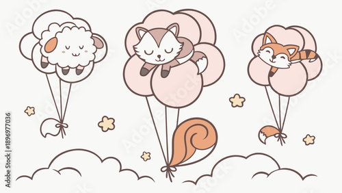 Cute Sheep and Fox Animals Floating on Pink Balloons for Nursery Decor Kids Birthday Party Invitation Design