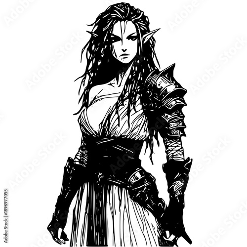 Mysterious elf woman in detailed fantasy armor standing strong