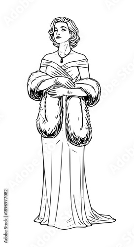 Elegant woman in vintage fur coat and evening gown standing confidently