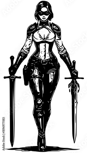 Strong female warrior holding swords confidently in combat pose