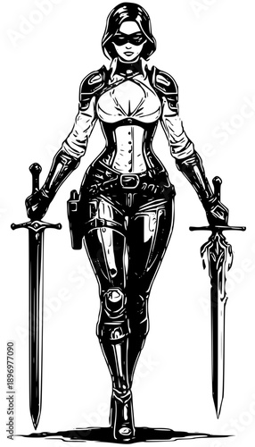Fearless female warrior confidently holding dual swords in sleek armor