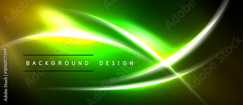 Abstract neon lines create vibrant green, yellow glow. Dark background emphasizes luminous curves, modern design elements.