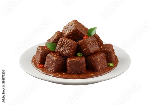 Indonesian beef rendang served on white plate with chili and lime leaf topping, 3D illustration of traditional spicy slow-cooked meat isolated on plain background