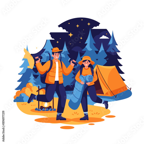 Funny cartoon pirate and witch with a man and woman in a magical Halloween night illustration