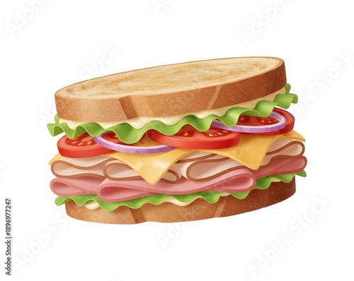Delicious club sandwich with ham, cheese, lettuce, tomato and onion, 3D illustration of toasted deli sandwich snack isolated on plain background