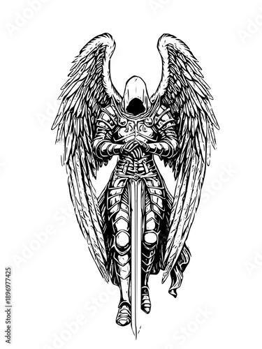 Majestic armored angel standing strong with sword and wings spread wide