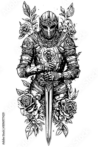 Knight in armor holding sword surrounded by roses and leaves