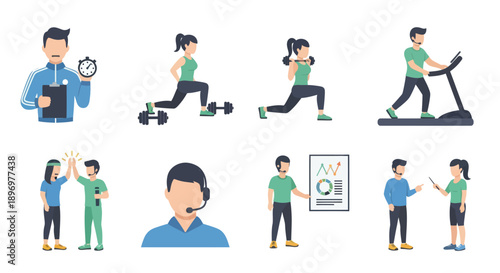 Diverse Collection of Fitness and Exercise Illustrations in Various Poses.