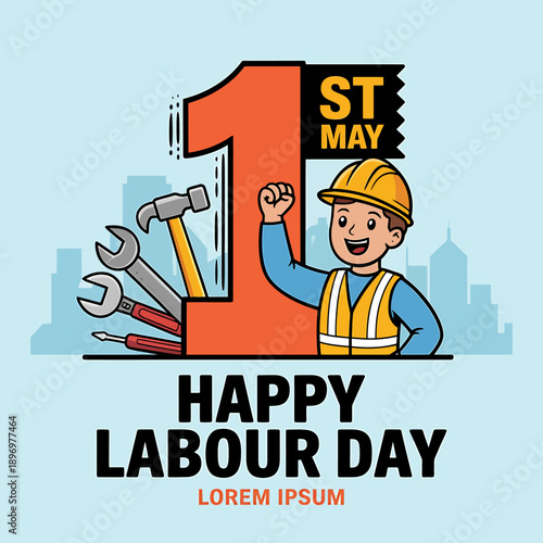 Happy labour day illustration with cartoon worker and tools isolated on transparent background