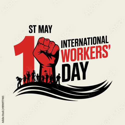 International workers' day 1st may banner with raised fist and workers isolated on transparent background