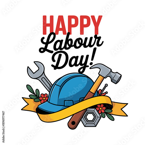 Happy labour day illustration with hard hat and tools isolated on transparent background