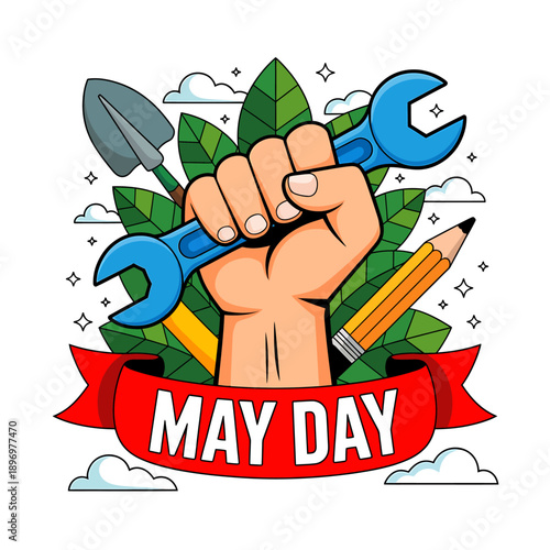 Cartoon hand holding tools with may day banner isolated on transparent background
