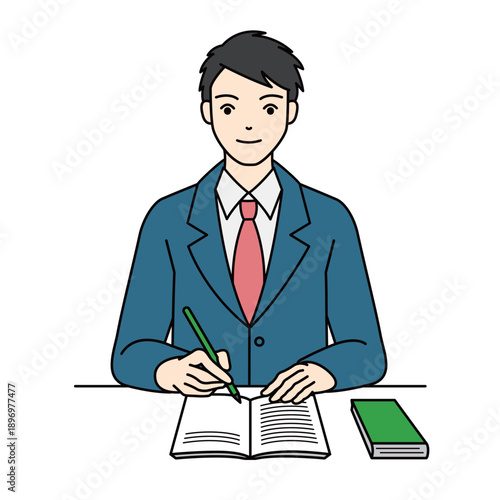 High school boy studying at desk and writing in notebook