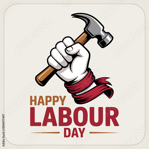 Hand holding hammer with happy labour day text isolated on transparent background