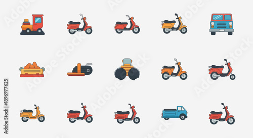 Colorful cartoon vehicle collection: scooters train truck and car icons.
