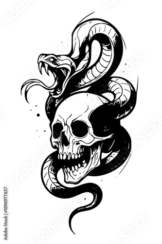 Fierce snake wrapped around skull in bold black and white