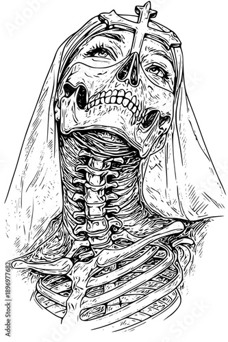 Detailed illustration of skeleton in nun's habit with cross