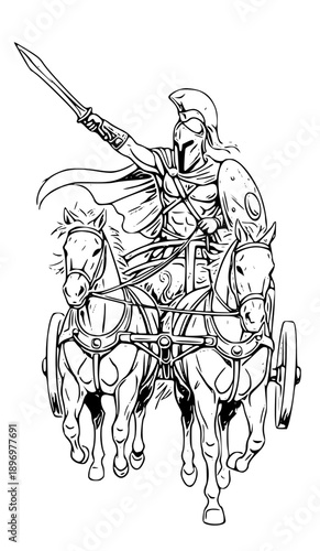 Ancient warrior riding chariot with two horses