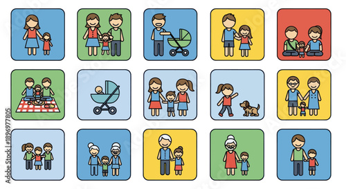Colorful Illustrated Family Icons Depicting Various Family Structures and Activities.