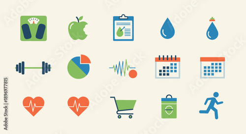 Colorful Flat Design Vector Icons for Health Fitness and Wellness Apps.