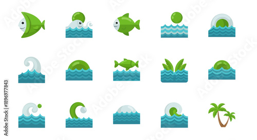 Collection of Green and Blue Water Icons with Fish Waves and Plants.