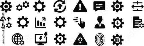 Settings and configuration icon set for UI/UX, tools, system management, app development, technical support, and security interfaces.