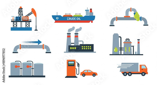 Industrial energy production and transportation icons set.