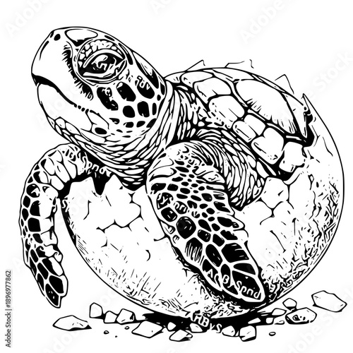 Baby turtle emerging from egg in a natural environment