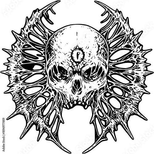 Detailed skull illustration with intricate horned design