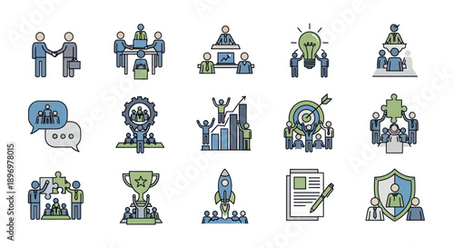 Business and Teamwork Icons: Collaboration Success and Growth Concepts.
