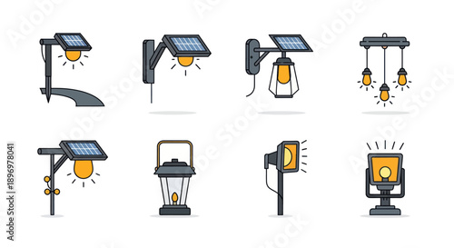 Collection of diverse solar-powered outdoor lighting fixtures.