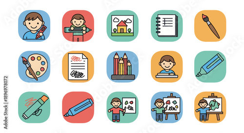Colorful Cartoon Art and Drawing Icons Collection for Creative Hobbies and Education.