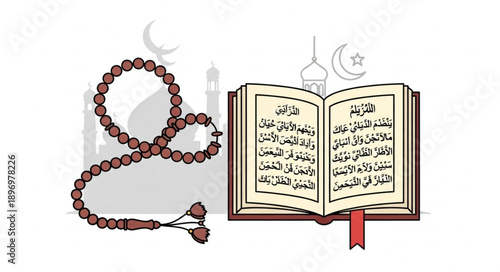 Islamic holy book Quran with prayer beads and mosque silhouette.