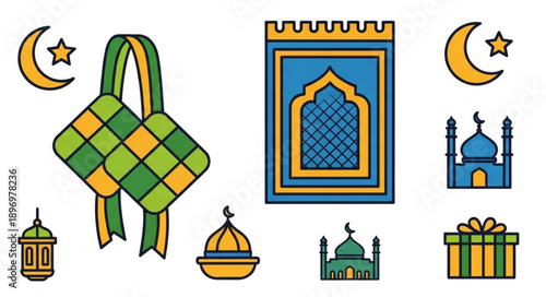 Islamic holiday symbols including mosque prayer mat gift lantern moon stars.