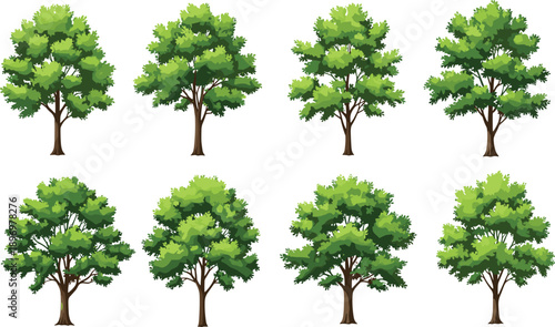 Set of ten lush green leafy trees with sturdy trunks, perfect for landscape design, nature scenes, and garden illustrations.