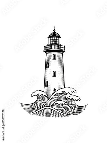 Lighthouse on turbulent ocean waves black and white illustration