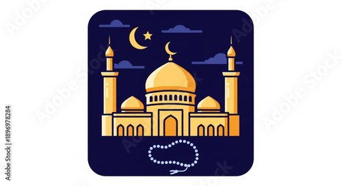 Islamic mosque with crescent moon and prayer beads illustration.
