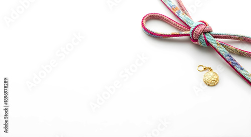 帯締めと和装小物の和モダン背景。白背景の右上に華やかな絹糸の装飾。成人式や結婚式、和装関連の広告に最適な余白素材。