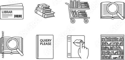 Set of modern library and book related icons in line style